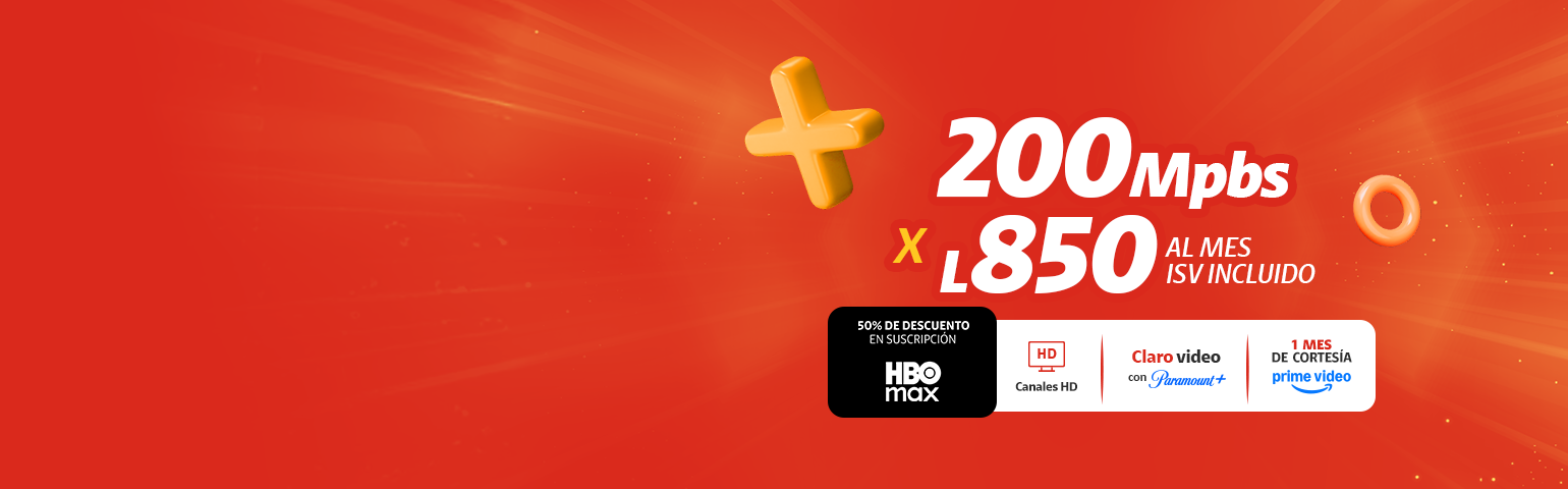 Full Claro Honduras: 200 Mbps por L 850/mes con TV HD, Claro video + Paramount+ y 1 mes de Prime Video. Claro Honduras – Internet 200 Mbps por L 850 al mes con Canales HD, Claro video, Paramount+ y 1 mes de Prime Video.
